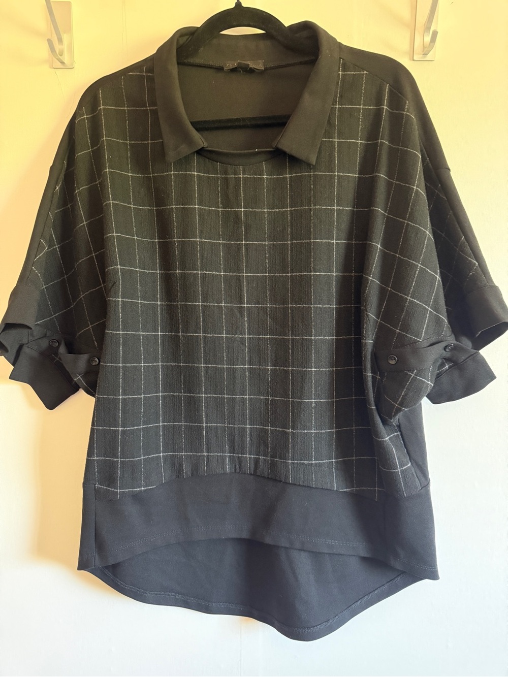 Kokomarina Black Windowpane Plaid Oversized Roll Tab Tunic Top L French